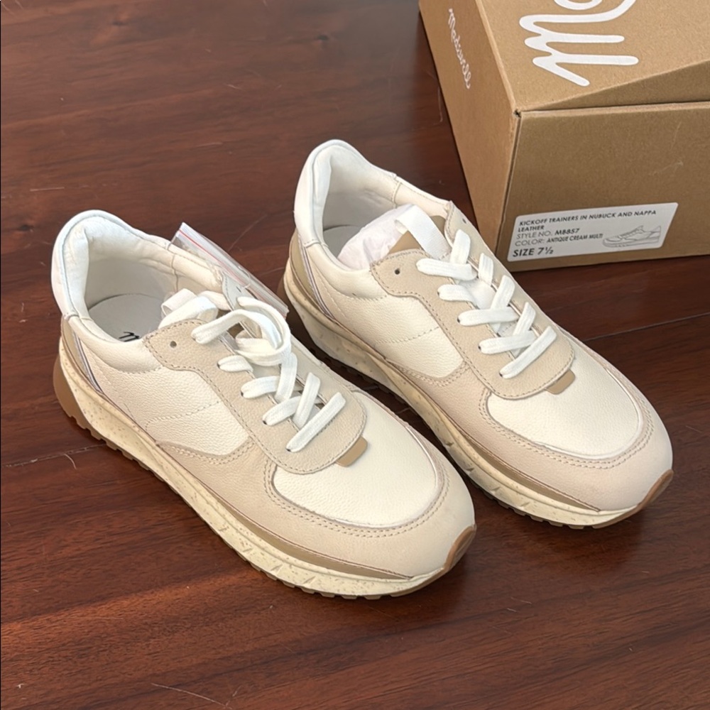 MADEWELL KICKOFF TRAINERS IN NUBUCK AND NAPPA LEATHER SIZE 7.5 cream/tan/white